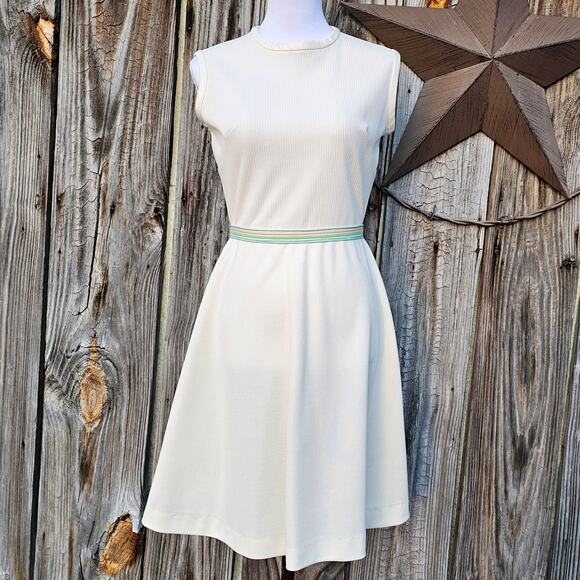 VTG Fit Flare Dress Off White Double Knit Sleeveless Pastel Stripe Vintage 70s - Picture 1 of 8